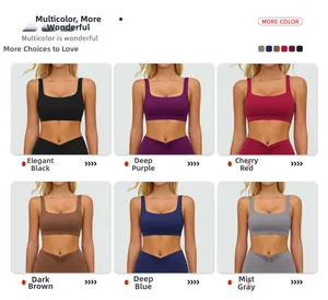 Collage of padded yoga bras in six colors featuring U-neck and ribbed hem details