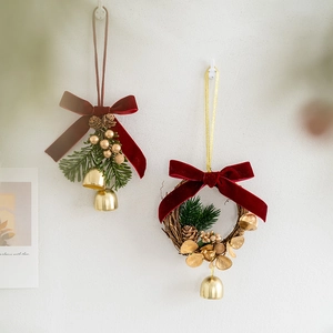 Christmas Hanging Ornament Velvet Bow Metal Bell Artificial Pine Needle Pine Cones Holiday Home Decor