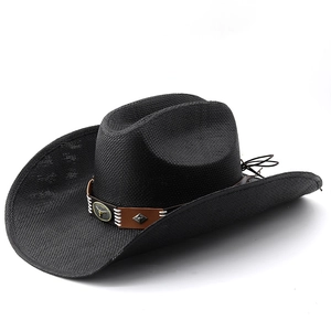 Classic black woven cowboy hat with brown leather band and metallic ox head emblem