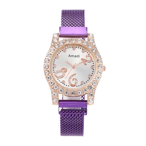 Women's Amadi quartz watch with purple mesh band and crystal bezel on sunray dial