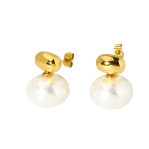 Elegant 16K gold plated 316L stainless steel geometric earrings with round white pearls