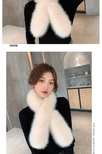 Close-up and fit view of cream-white faux fox fur crossover scarf for women
