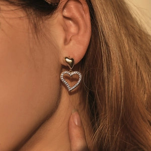 French style 18K gold heart drop earrings with shimmering pavé zircon gemstones for women