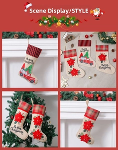 Detail of Christmas burlap stockings with red poinsettia flowers and plaid cuff accents