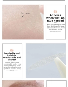 Detail of water-activated lace double eyelid tape showing invisible mesh texture on skin