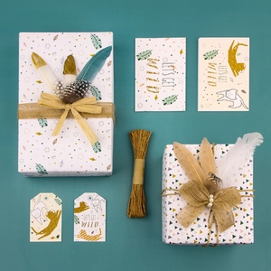 Jungle leopard gift wrapping paper set with cards tags and twine on blue backdrop