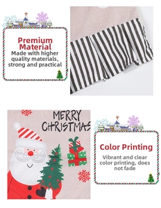 Detail of Christmas linen chair cover featuring Santa print and striped fabric texture