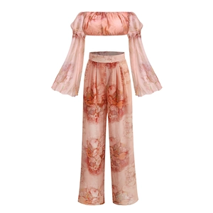 Women's 2-piece floral chiffon set with off-shoulder long sleeve top and wide leg pants