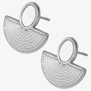 Detailed view of silver oval fan-shaped earrings made of 304 stainless steel