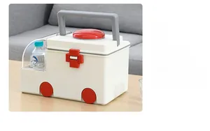 Detail view of ambulance-shaped medicine box with transparent side storage and red latch