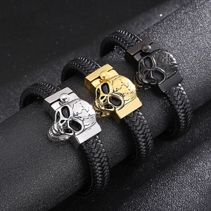 Punk woven leather skull bracelets for men in gold, silver, and black stainless steel