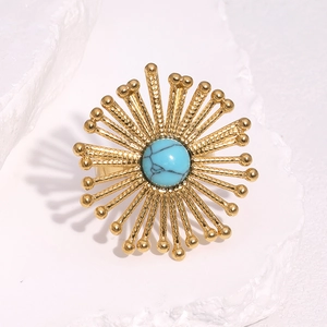 Bohemian gold 18k stainless steel sunburst ring with blue lapis lazuli stone inlay