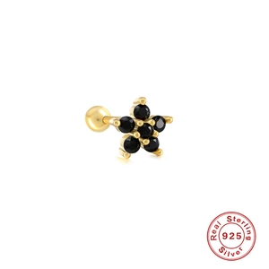 Detailed view of sterling silver flower stud earring with black zircon stones and screw back