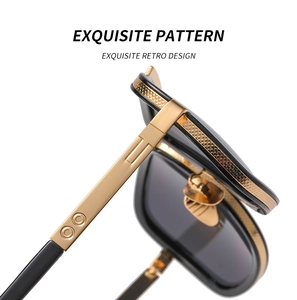 Detailed macro shot showing exquisite pattern on metal hinges of square retro sunglasses