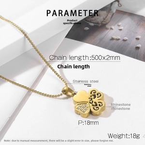 Detailed size parameters of gold clover necklace with rhinestone and stainless steel chain