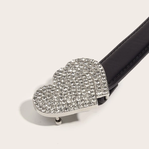Black leather belt featuring a double heart silver buckle with sparkling rhinestones