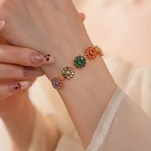 Luxury gold-plated flower bracelet with multi-color marquise-cut zircon gemstones
