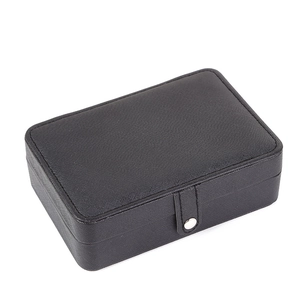 Portable double-layer black PU leather jewelry box with a silver snap button closure