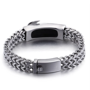 Men's vintage stainless steel braided chain bracelet with axe-shaped plate in silver