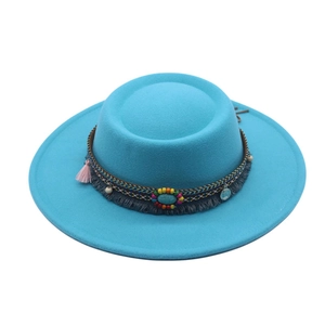 Blue wide brim felt hat featuring bohemian ethnic band with beads and tassels