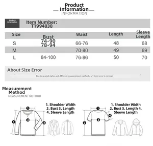 Detailed size guide table with S, M, L dimensions for long sleeve lace stitching top