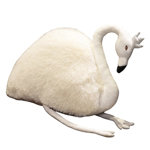 Plush white swan toy with silver crown and soft long fur on a clean white background