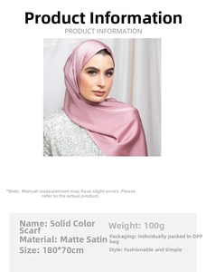 Detail specifications of 180x70cm matte satin plain scarf in dusty purple color