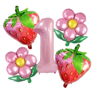 Détails du lot de ballons fraise et fleur avec un chiffre un rose pour anniversaire
