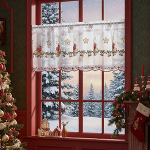 Christmas Coffee Curtain Polyester Tulle Lace Embroidered Candle Bell Scalloped Edge Kitchen Decor Short Drape