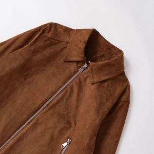 Women's brown faux suede cropped jacket with metal zipper and turn-down collar style