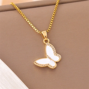 Gold Plated Stainless Steel Butterfly Pendant Necklace With Zircon And White Enamel Box Chain For Women