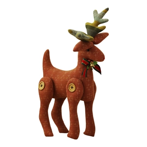 Handmade fabric Christmas reindeer figurine with star patterns and golden bells