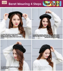 Detailed four-step guide for wearing a classic black wool beret hat for women