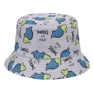 Detail of grey bucket hat with blue dinosaurs and Small but Strong text patterns