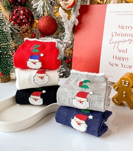 Close-up of Santa Claus embroidery and faux fur trim on festive knit cotton socks