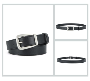 Detailed views of a black PU leather belt featuring a classic silver rectangle buckle