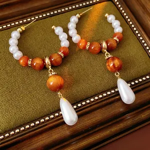 Vintage Waterdrop Dangle Earrings With Imitation Artificial Pearl Resin And Silver Earring Post Retro Chic Fashion Jewelry For Women