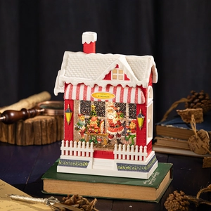 Christmas Santa's Workshop Musical Box LED Light Automatic Snowing Glitter Ornament Plastic Resin Festive Decoration