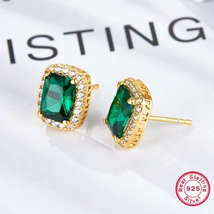 French vintage S925 sterling silver emerald cut green zircon earrings in gold finish