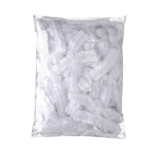 Bulk disposable plastic food covers and shower caps in a clear storage bag