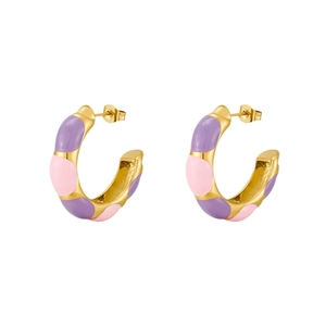 Gold stainless steel hoop earrings with pink and purple enamel design on white background