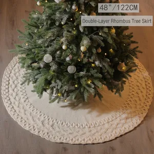 Christmas Tree Skirt Knitted Acrylic Double Small Diamond Pattern Round Festive Holiday Floor Decoration Elegant Home Decor