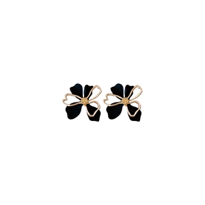 Elegant black and gold double-layer hollow flower earrings with textured center