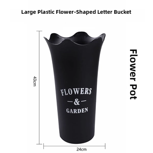Detailed view of a 43cm tall black plastic flower bucket with wavy rim and size labels