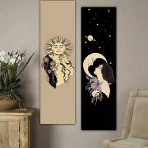 Vertical Wall Hanging Tapestry Sun Moon Mushroom Print Polyester Peach Skin Fabric Mystical Boho Home Decor