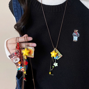 Acrylic Star Square Pendant Necklace Creative Cartoon Handmade Leather Cord Long Sweater Chain For Women