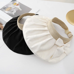 UV-protective bow sun visor hat with straw brim and satin shell texture for women