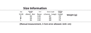 Size chart for women's white lace blouse showing shoulder, bust, and sleeve measurements