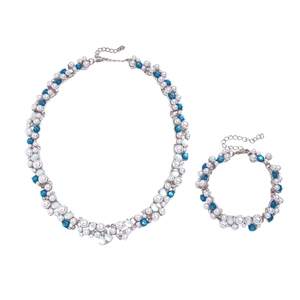 Blue and white faux pearl jewelry set with sparkling rhinestones and silver chain