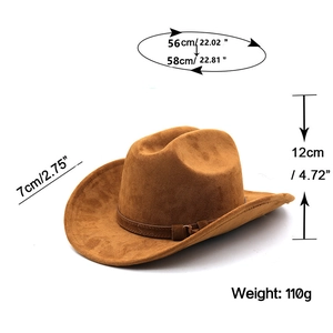 Detailed dimensions of brown suede cowboy hat with brim and height measurements